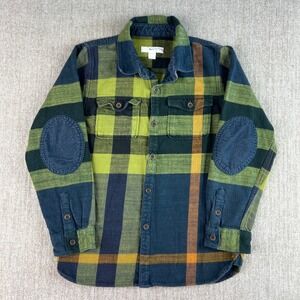 Burberry Children Green Plaid Flannel Button Up Shirt Corduroy Elbow Patches 10T